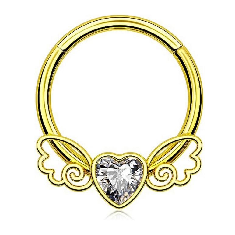 Gold/Silver (Your Choice) SS316L Jewelled Hinged Ring with Angel Wings