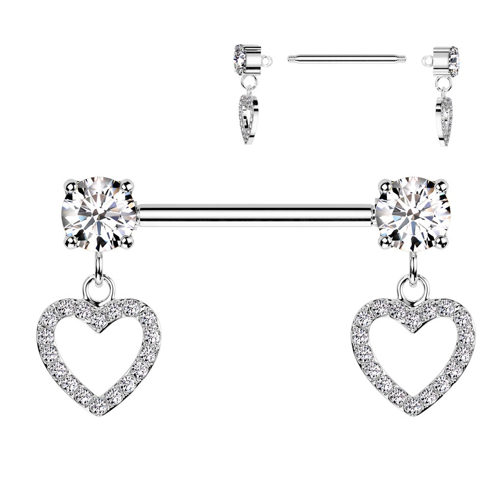 SS316L Prong Jewelled Fancy Nipple Barbell with Hollow Heart