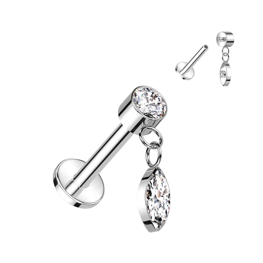 Titanium High Polish Internally Threaded Jewelled Labret with CZ Dangl ...
