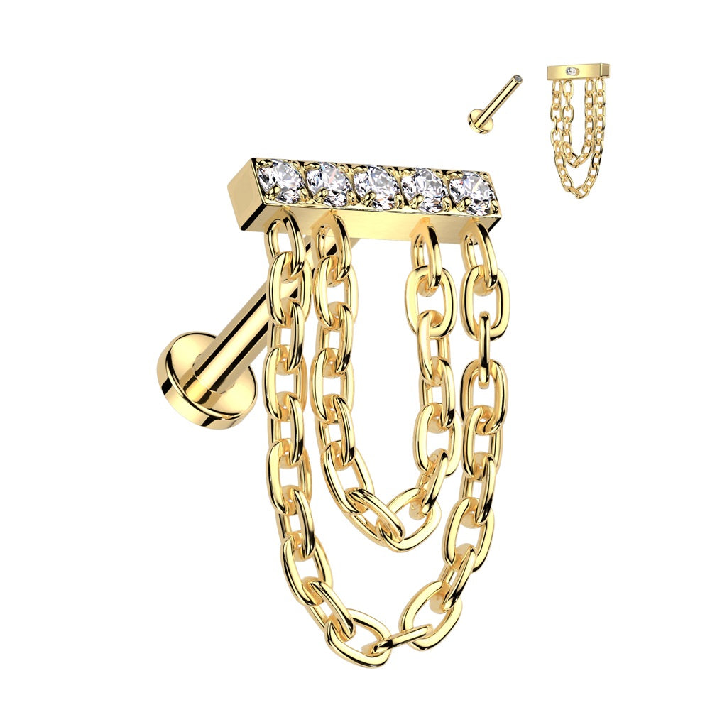Titanium Gold Internally Threaded Jewelled Labret with Chain Dangles ...