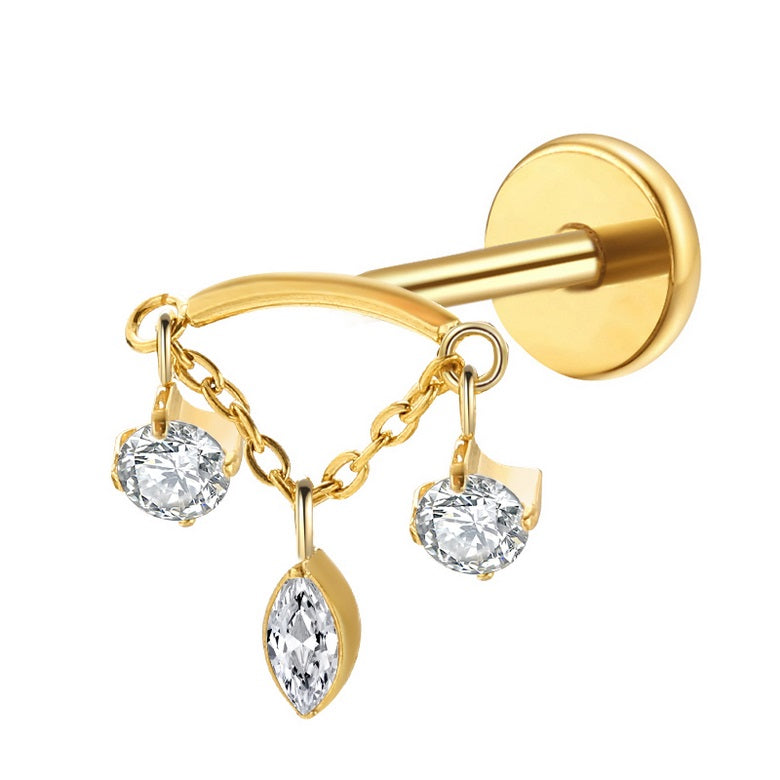 Titanium Gold Internally Threaded Labret with Jewelled Chain Dangle ...