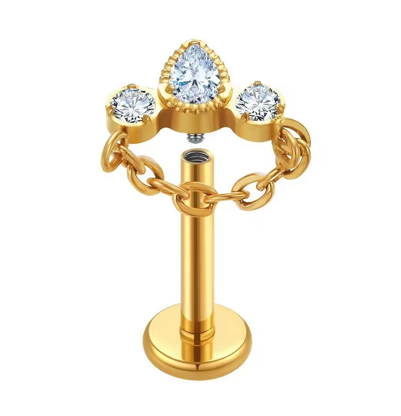 Titanium Gold Internally Threaded Jewelled Labret with Chain Dangle ...