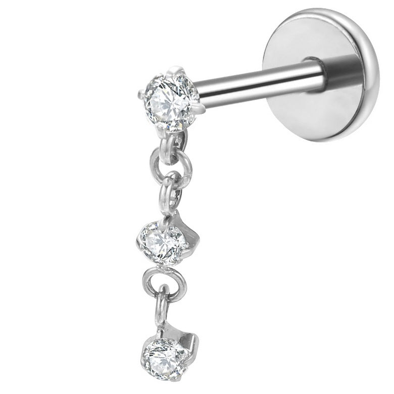 Titanium High Polish Internally Threaded Jewelled Labret with Chain CZ ...