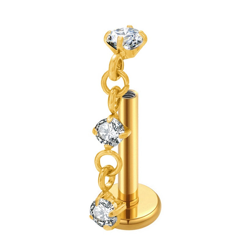 Titanium Gold Internally Threaded Jewelled Labret with Chain CZ Drople ...