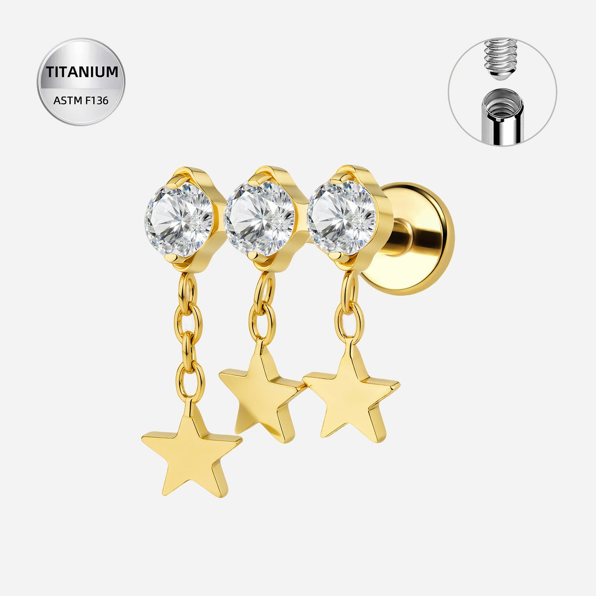 Titanium Gold Triple Round CZ Jewelled Internally Threaded Labret with ...