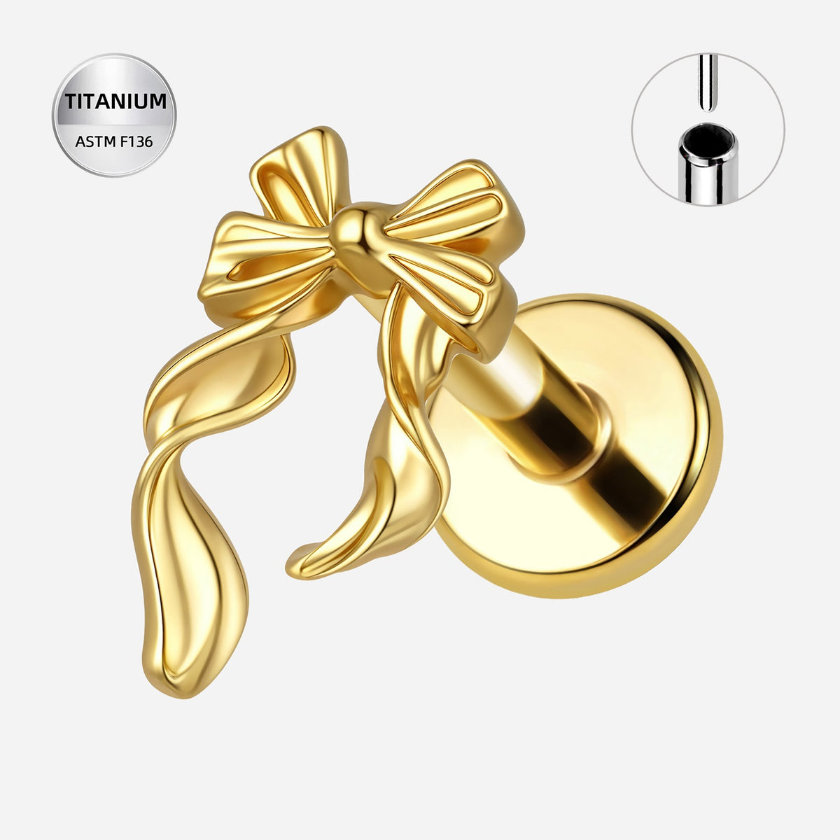 Titanium Gold Bow & Ribbon Threadless Push In Labret - TT401A – Trendez ...